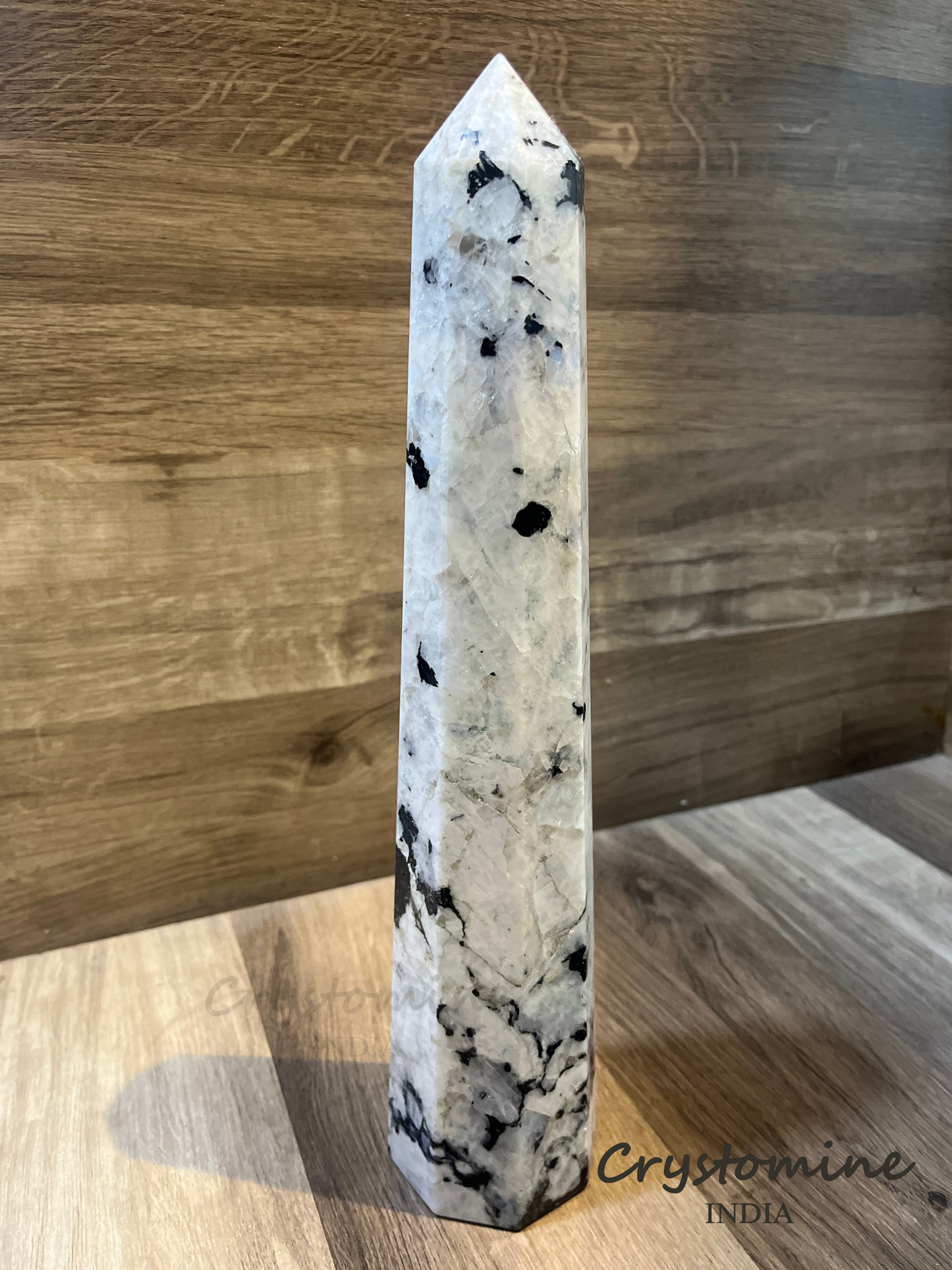 Rainbow Moonstone \ Tower \\ Exclusive and Rare \\ Flashy \ 13.5 inch \ 2.34 kg \ Bottom Thickness: 3 inch \ RMTER1