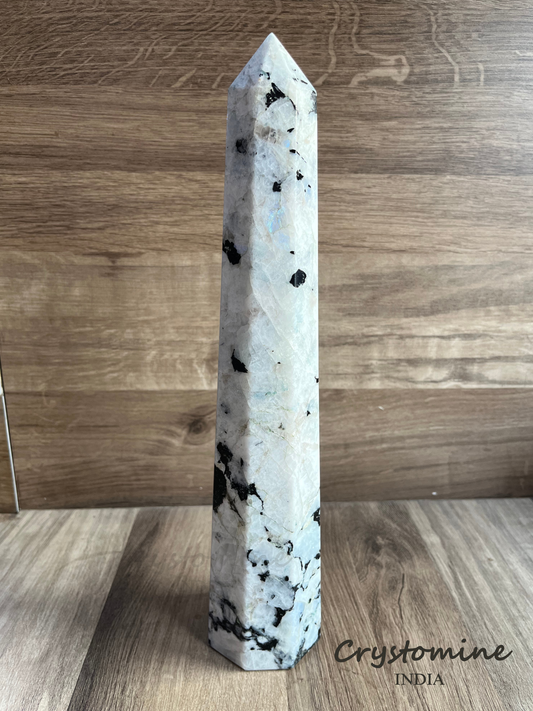 Rainbow Moonstone \ Tower \\ Exclusive and Rare \\ Flashy \ 13.5 inch \ 2.34 kg \ Bottom Thickness: 3 inch \ RMTER1